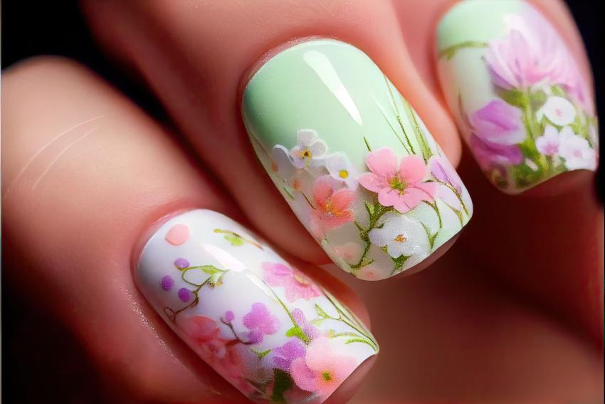 Nageldesign in Pastell und mit Blumenmotiven