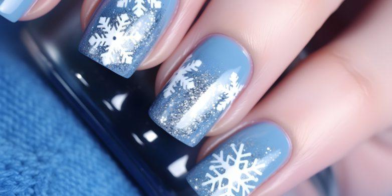 Nägel mit Schneeflocken und blauem Hintergrund