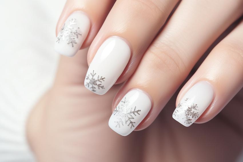 Nageldesign mit Schneeflocken und Glitzer