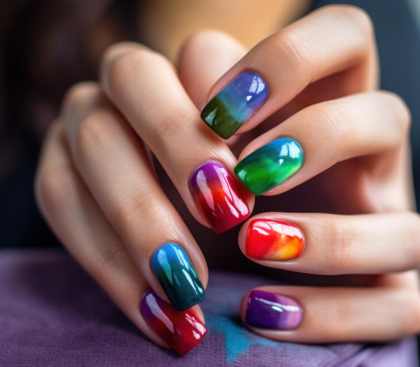 Eine Frau präsentiert Ihr Ombre-Nageldesign, das von den Farben des Regenbogens inspiriert ist. 