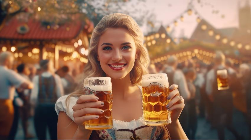 Eine Frau hält vor der Kulisse des Oktoberfestes zwei Bierkrüge hoch, sodass man Ihr Nageldesign deutlich sehen kann. 