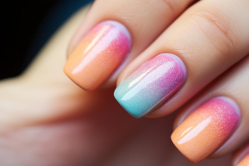 Eine Frau präsentiert ihre Ombre-Nägel, ihr Nageldesign ist mehrfarbig gestaltet, die dominierenden Farben sind Pink und Orange. 