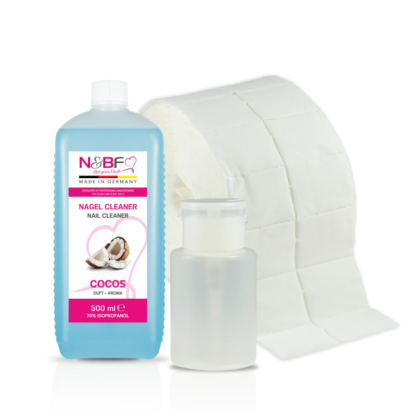 Nails & Beauty Factory Nagel Cleaner mit Kokosnuss Duft 500ml 1000 Zelletten und Dispenser Weiss