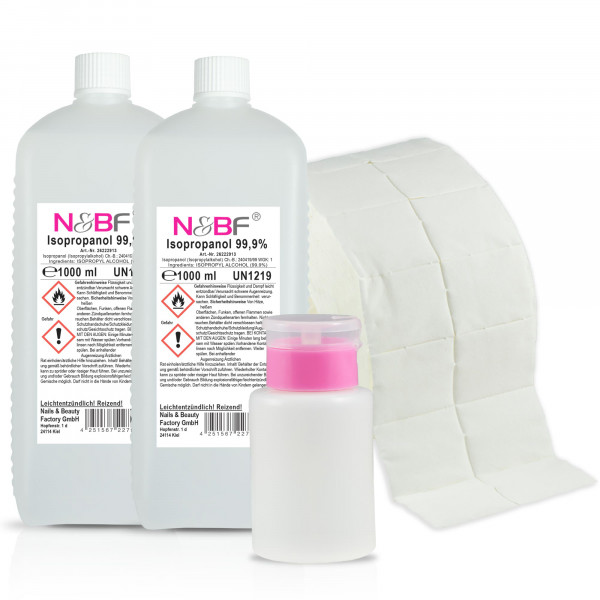 Nails & Beauty Factory Nagelcleaner 2000ml 99,9% Isopropanol Alkoholanteil kosmetisch rein + 1000 Zelleten & Dispenser Rosa