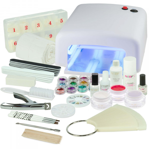 Nails & Beauty Factory Acrylgel Nagelstudio Starter Set Rewig UV Lichthärtungsgerät Eckig Weiss 