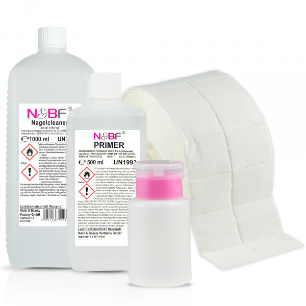 Nails & Beauty Factory Nagel Cleaner 1000ml & 500ml Primer inkl. Dispenser Rosa + 1000 Zelletten